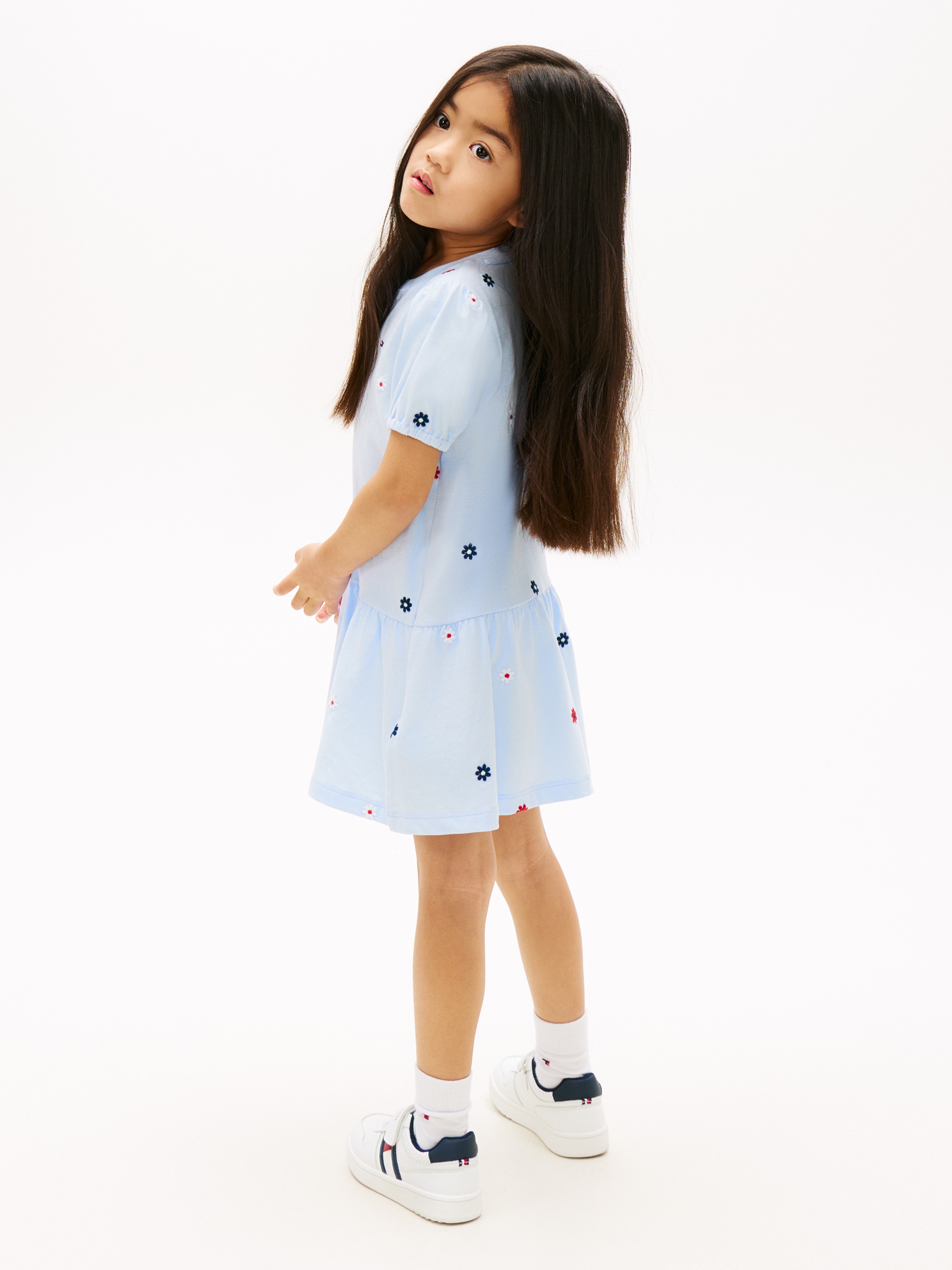 Vestido com Bordado Multicolor e Saia Fluida Azul-2