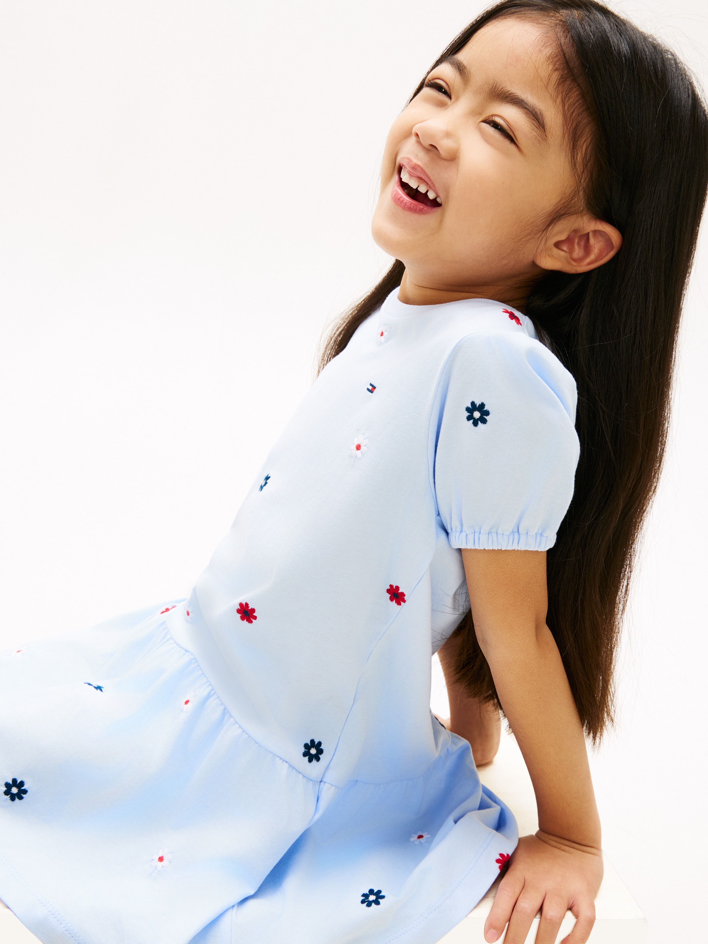 Vestido com Bordado Multicolor e Saia Fluida Azul-3