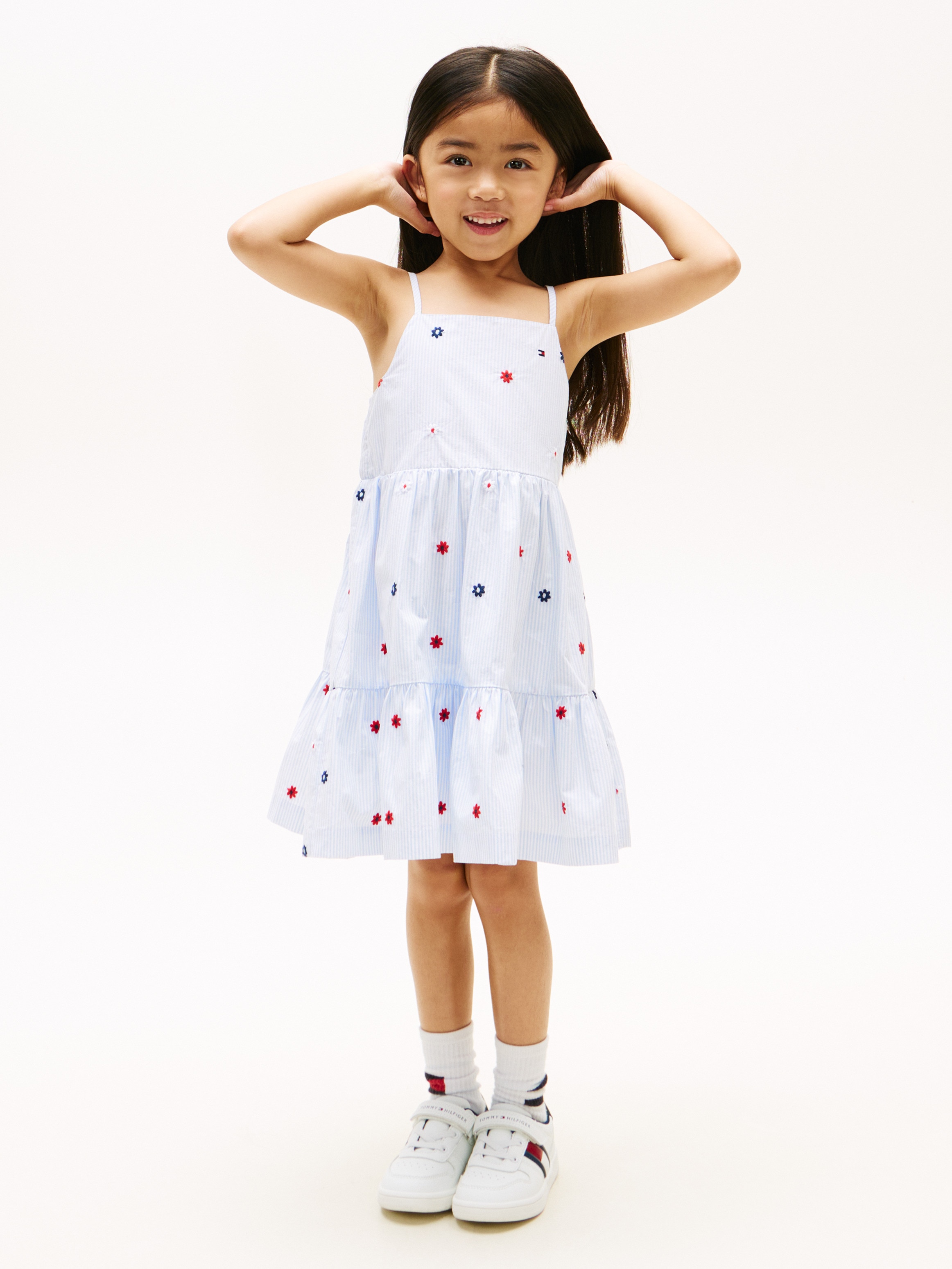 Vestido de niña con tirantes, bordado floral y rayas finas - Tommy Hilfiger - Azul Azul-1