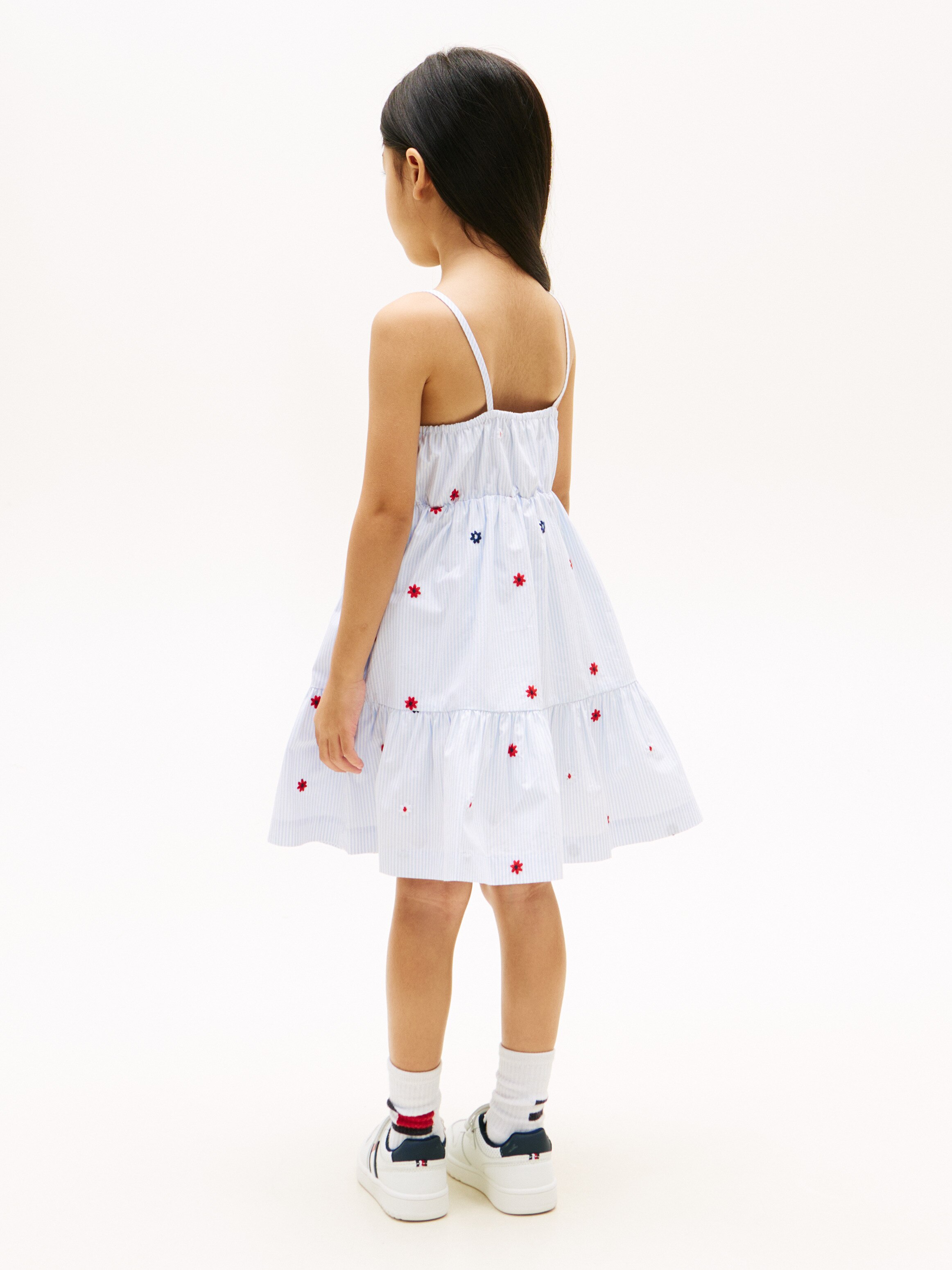 Vestido de niña con tirantes, bordado floral y rayas finas - Tommy Hilfiger - Azul Azul-2