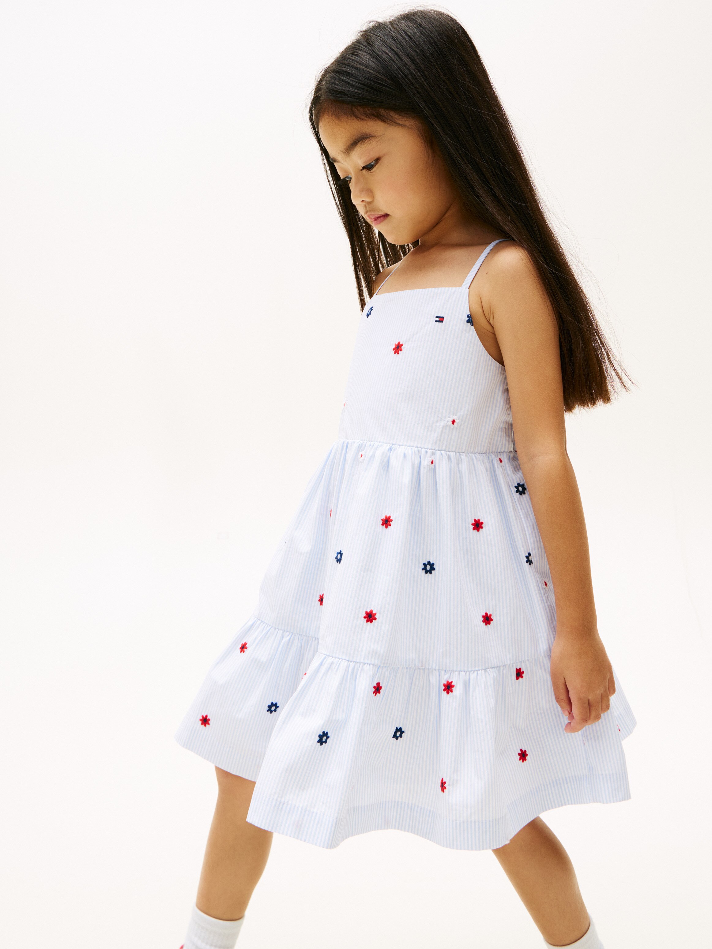 Vestido de niña con tirantes, bordado floral y rayas finas - Tommy Hilfiger - Azul Azul-3