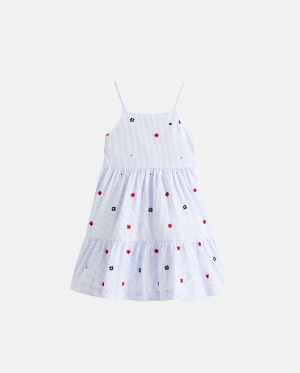 Vestido de niña con tirantes, bordado floral y rayas finas - Tommy Hilfiger - Azul Azul-5