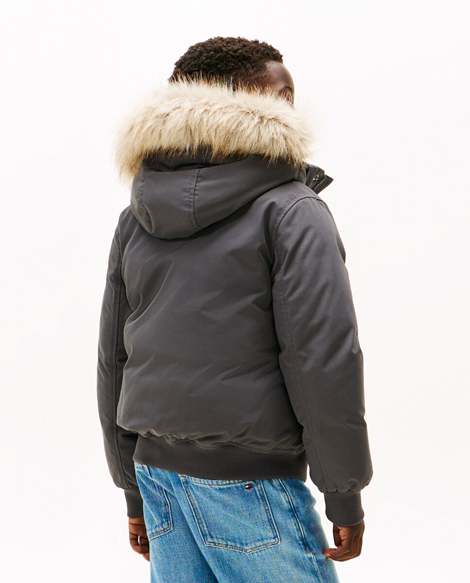 Parka Acolchoada Estilo Blusão Bomber com Capuz e Pelo Cinzento-escuro-2