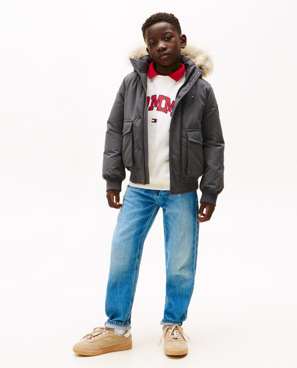 Parka Acolchoada Estilo Blusão Bomber com Capuz e Pelo Cinzento-escuro-4