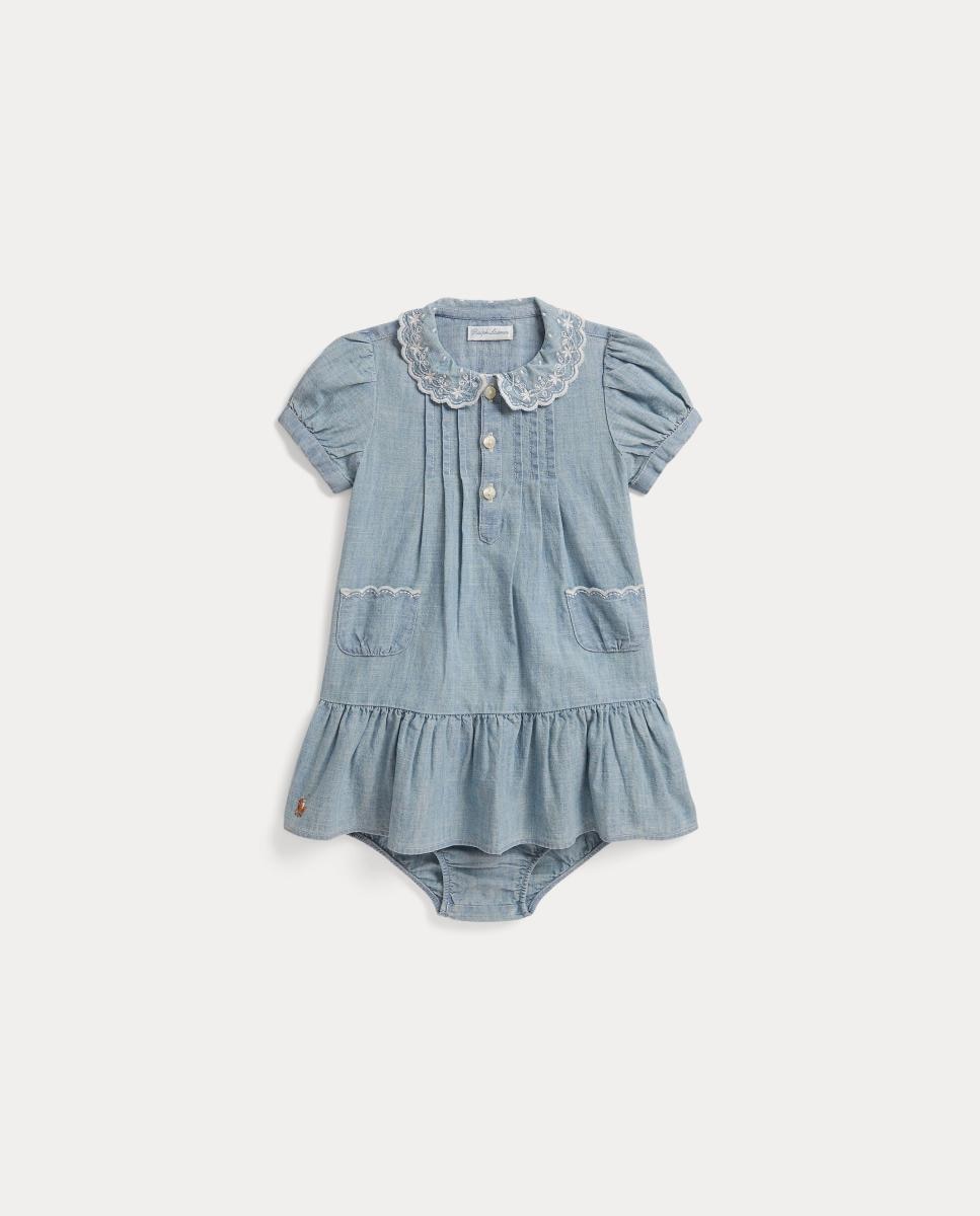 Imagem 0 de Vestido e Cueiro de Chambray de Bebé com Cavalo Bordado