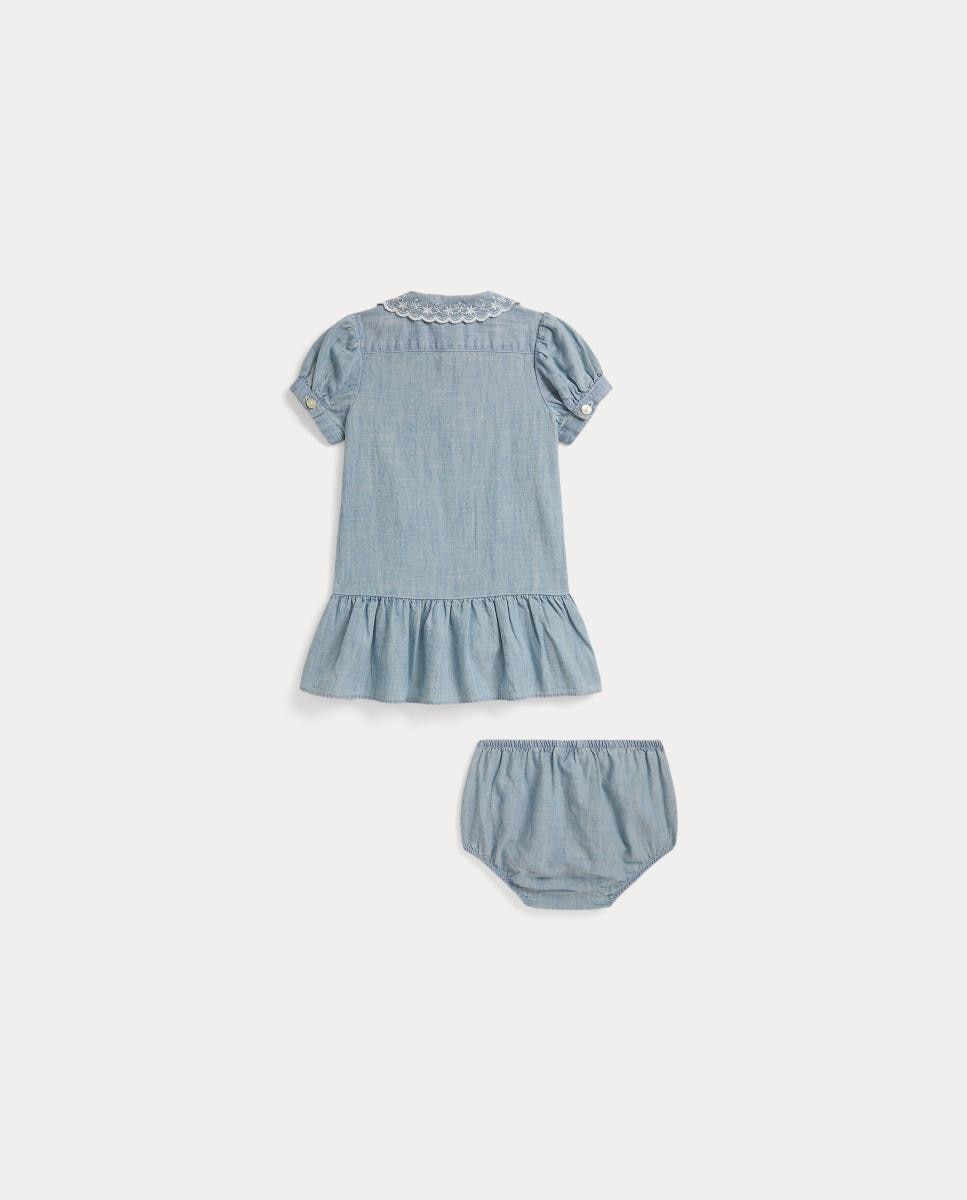 Vestido e Cueiro de Chambray de Bebé com Cavalo Bordado Polo Ralph Lauren Azul-claro-2