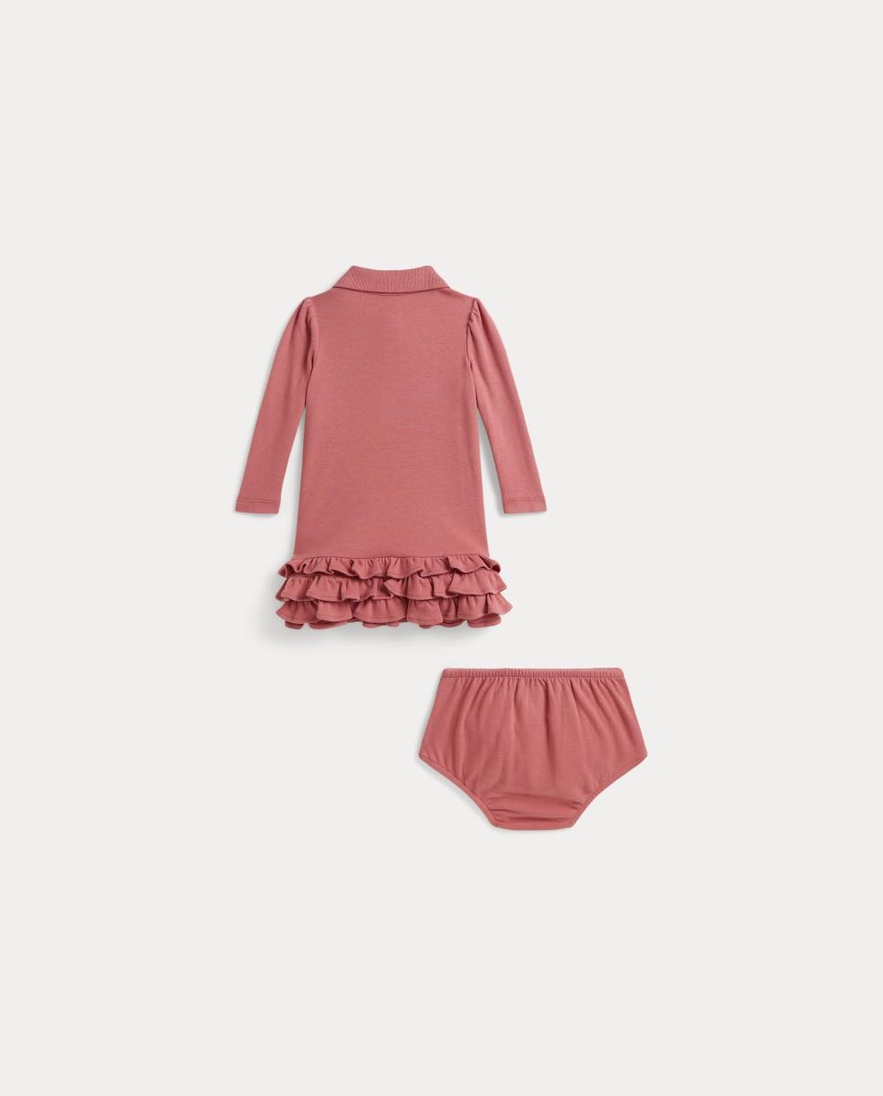 Vestido Tipo Polo Interlock de Algodão de Bebé Rosa-2