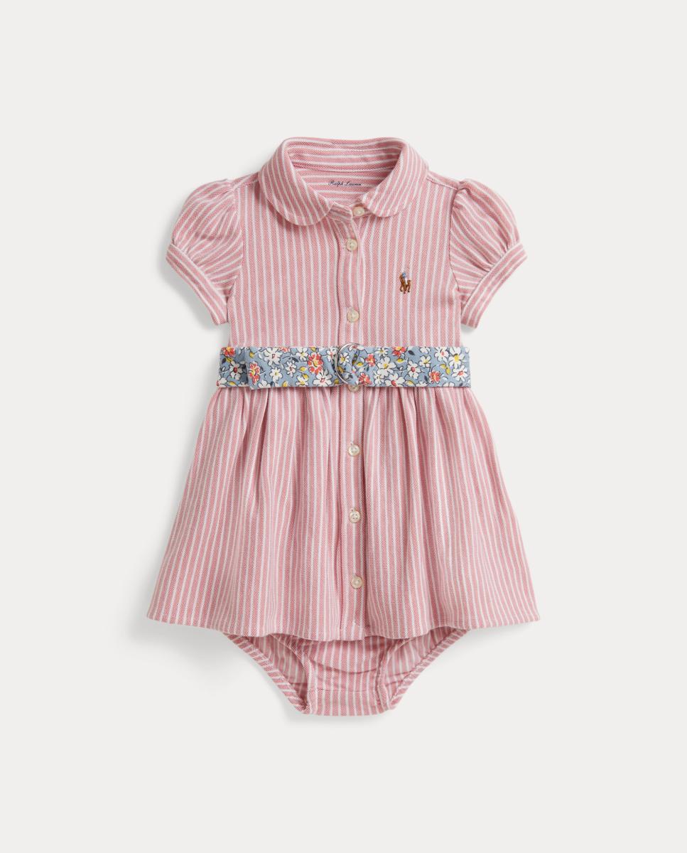 Vestido Oxford de Bebé de Piqué com Cueca Branco / Rosa-1
