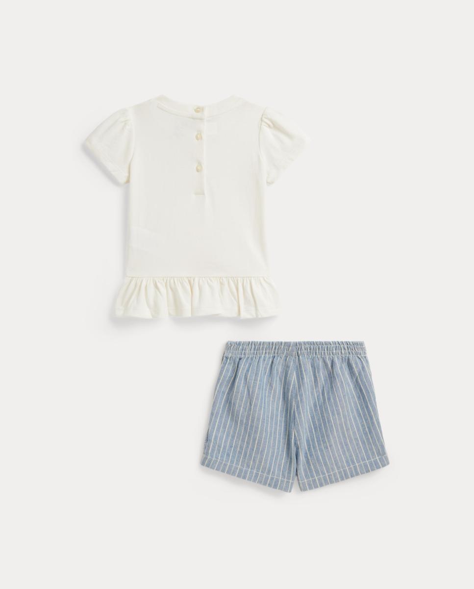 Conjunto de Linho e Algodão de Bebé com Polo Bear Azul/Branco-2