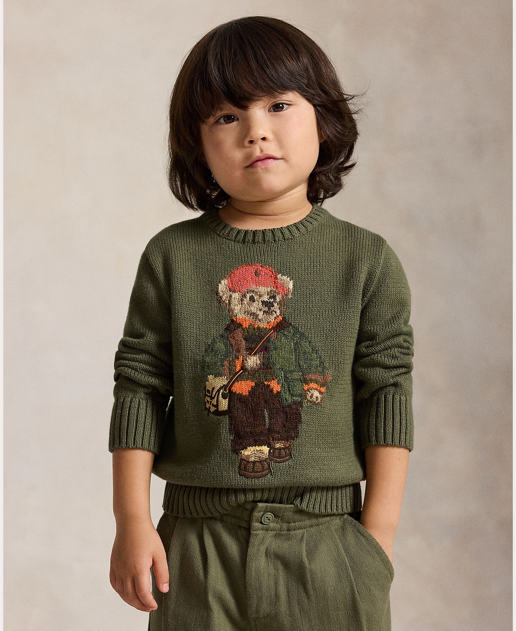 Camisola de Malha Unissexo de Algodão com Polo Bear Verde-militar-2