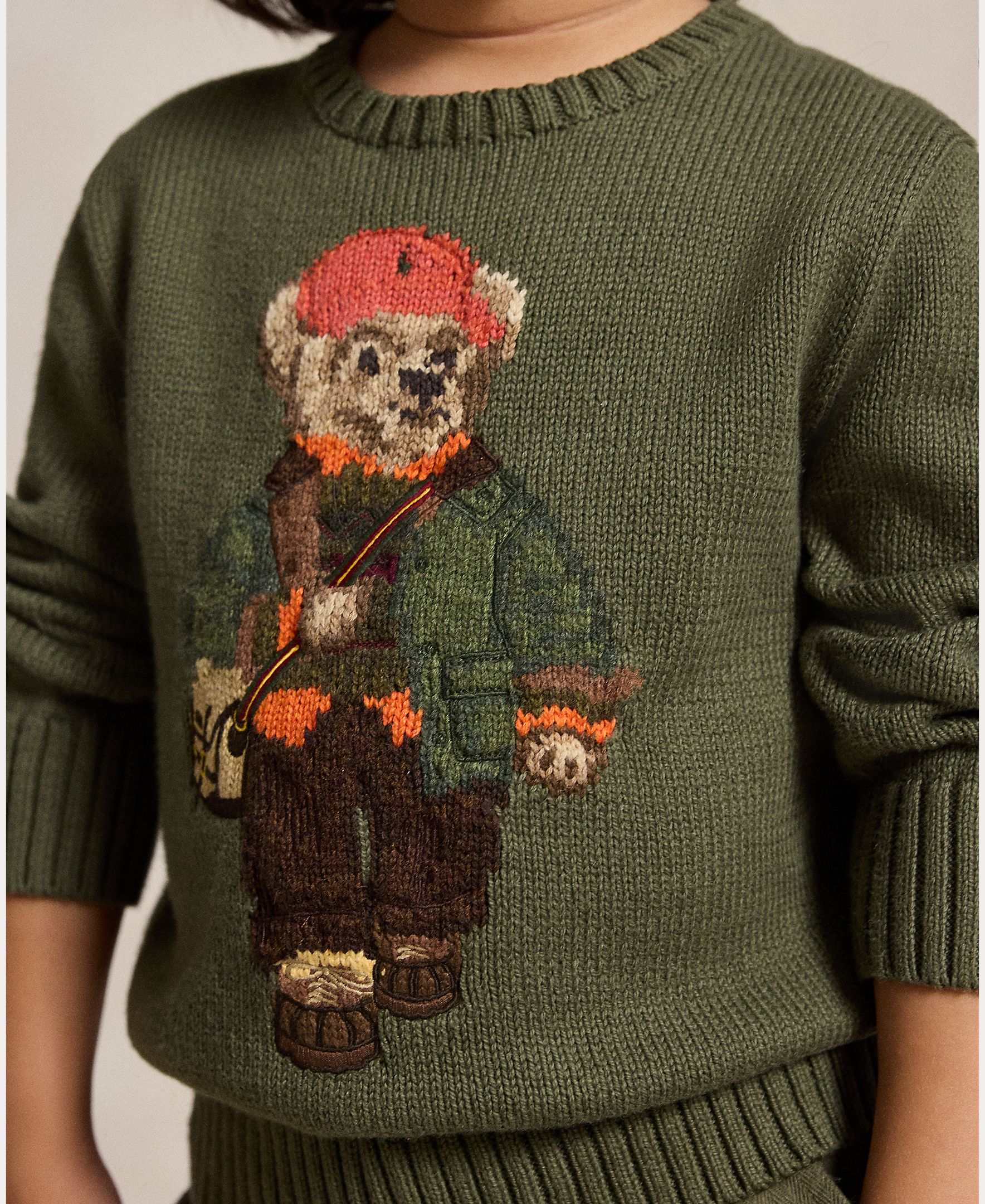 Camisola de Malha Unissexo de Algodão com Polo Bear Verde-militar-3