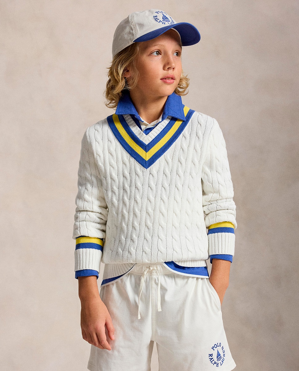 Camisola de Malha do Cabo de Algodão com Gola em Bico Polo Ralph Lauren Cru-1