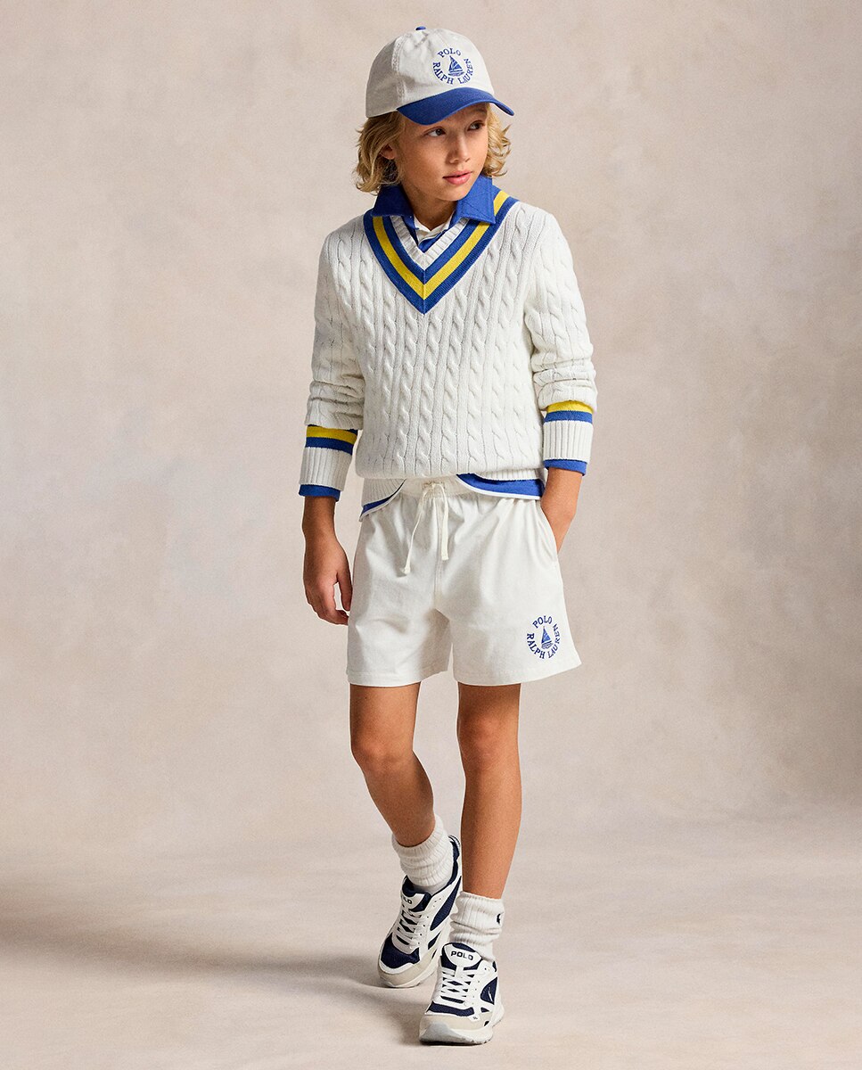 Camisola de Malha do Cabo de Algodão com Gola em Bico Polo Ralph Lauren Cru-2