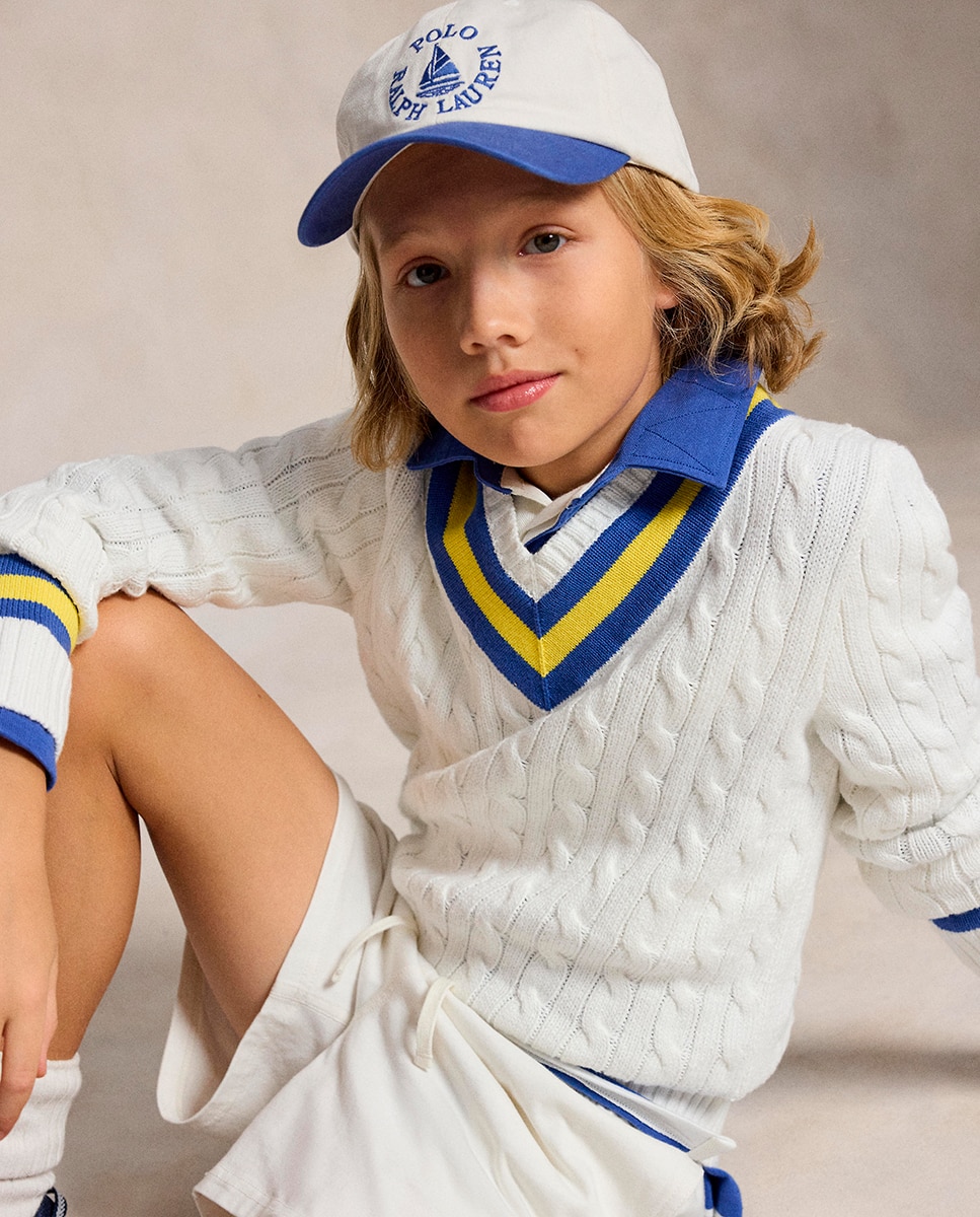 Camisola de Malha do Cabo de Algodão com Gola em Bico Polo Ralph Lauren Cru-3