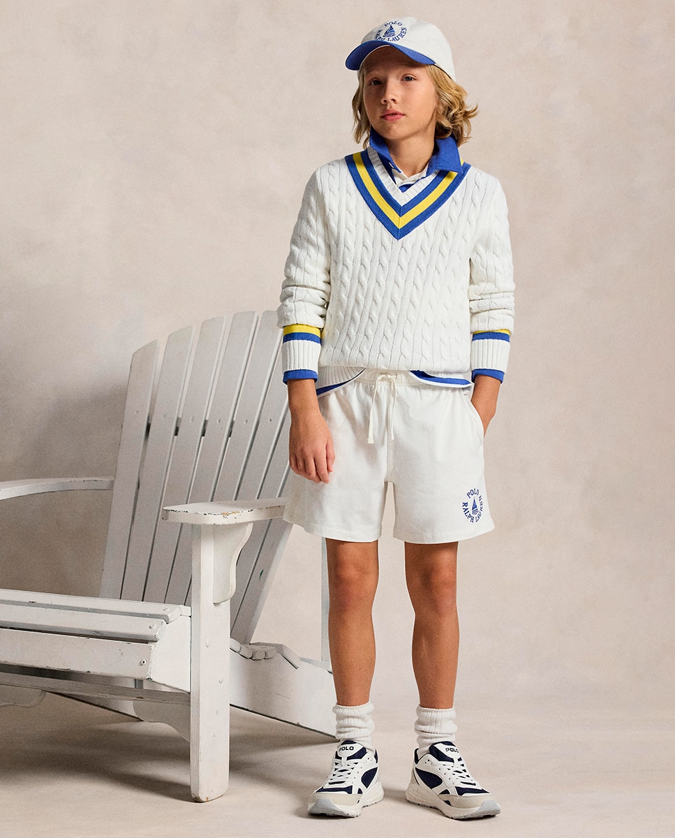 Camisola de Malha do Cabo de Algodão com Gola em Bico Polo Ralph Lauren Cru-4