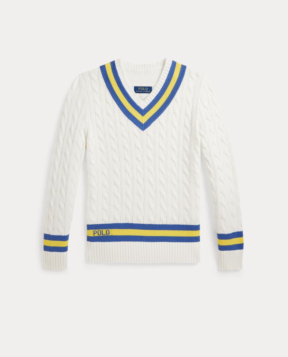 Camisola de Malha do Cabo de Algodão com Gola em Bico Polo Ralph Lauren Cru-5