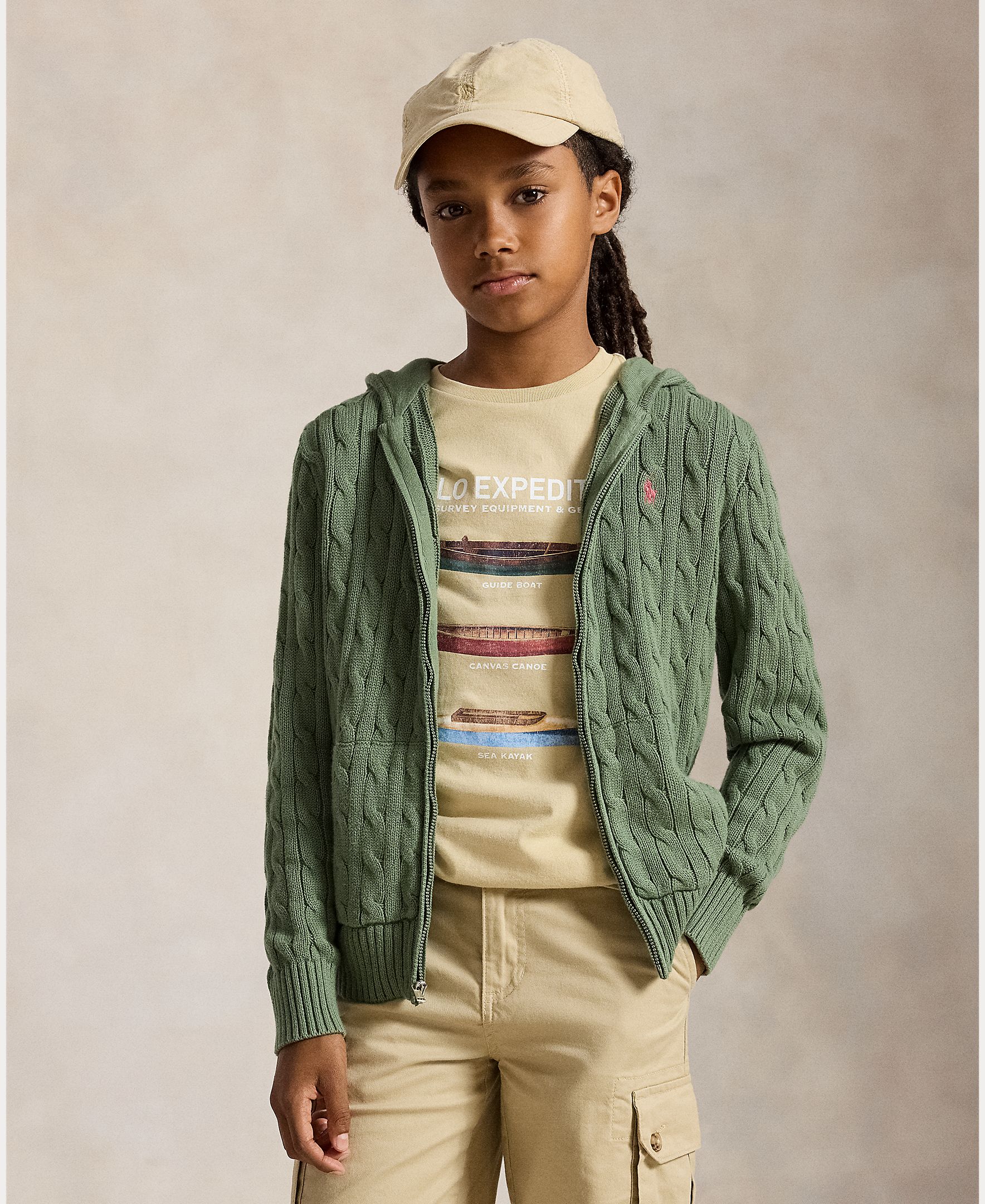 Camisola de Malha do Cabo Unissexo de Algodão com Fecho de Correr Polo Ralph Lauren Verde-militar-2