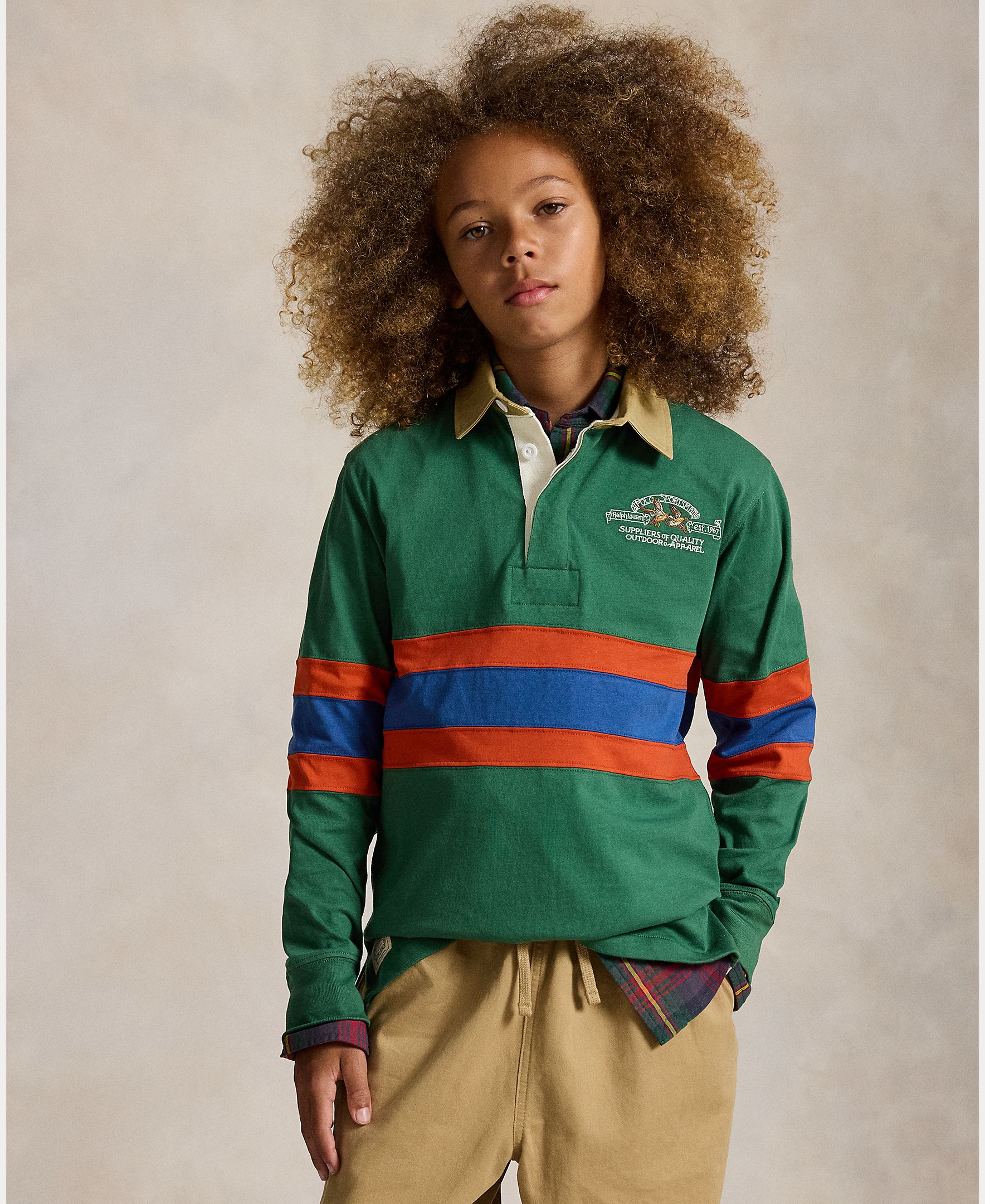 Polo de Rugby de Algodão com Gola em Tecido Chino Verde-2