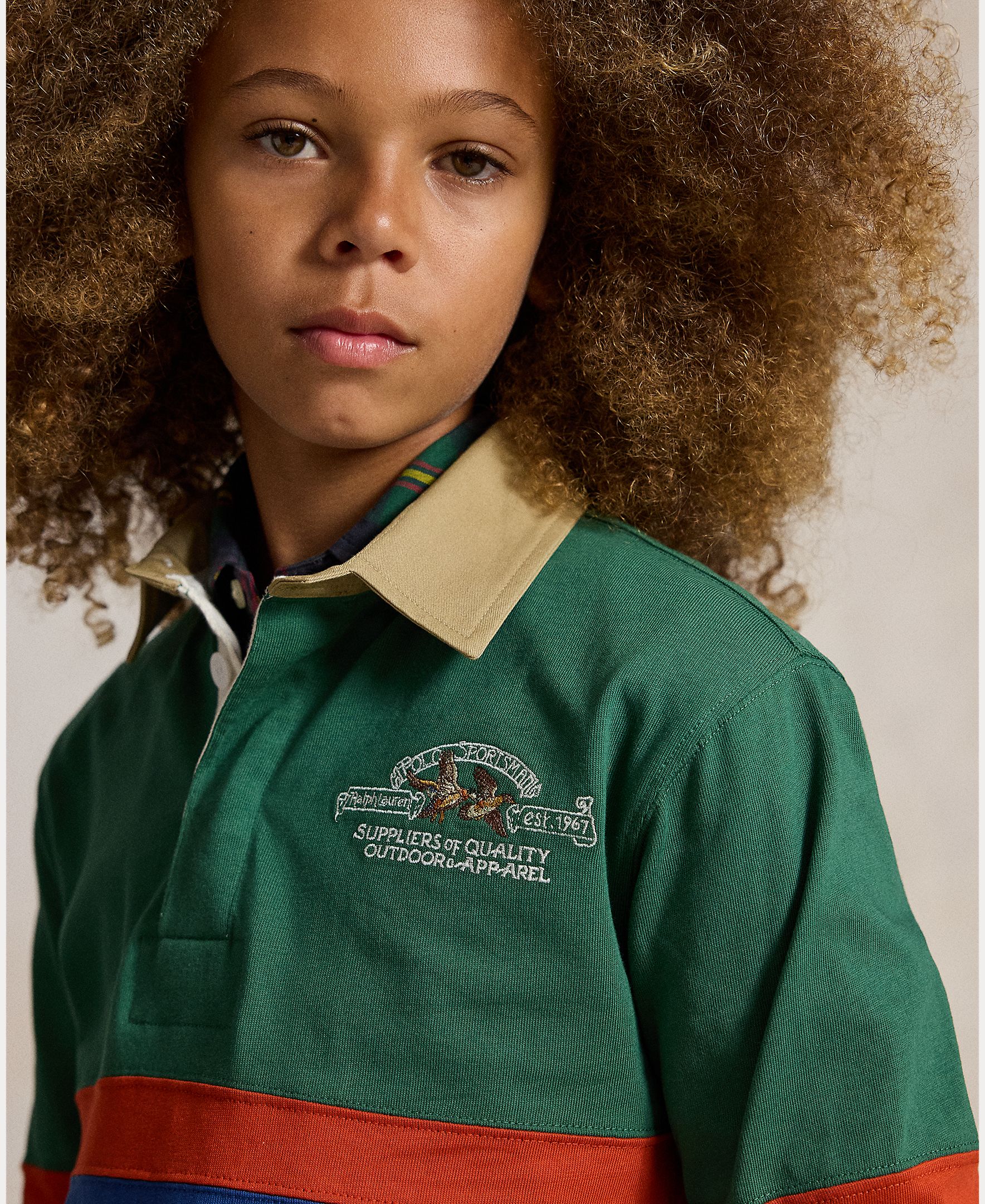 Polo de Rugby de Algodão com Gola em Tecido Chino Verde-3