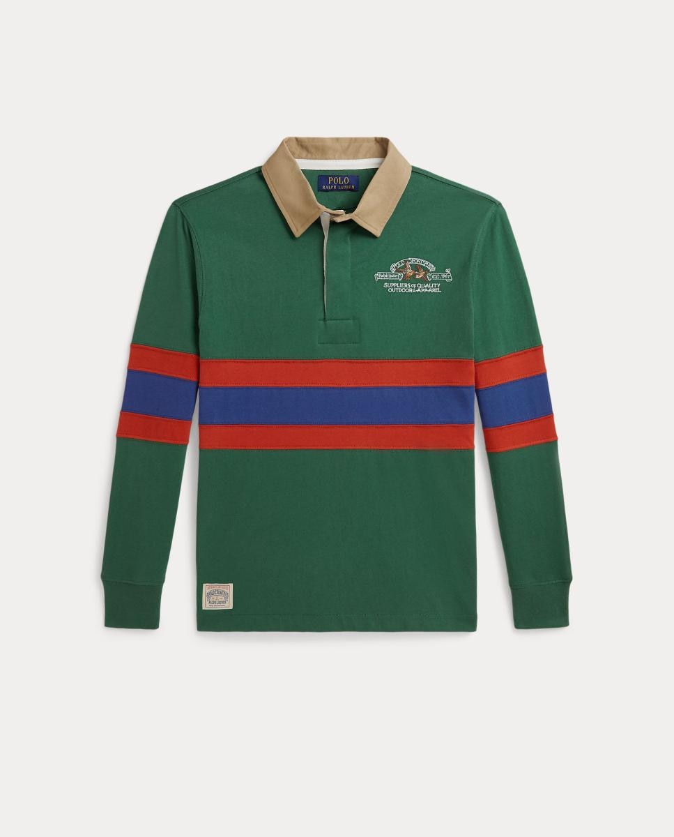 Polo de Rugby de Algodão com Gola em Tecido Chino Verde-4