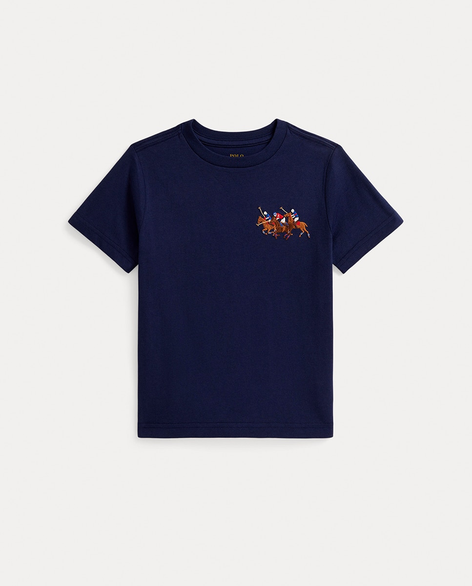 T-shirt de Algodão com Cavalo Triplo Azul-marinho-1