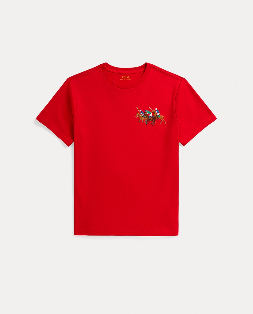 T-shirt de Algodão com Cavalo Triplo Vermelho-1