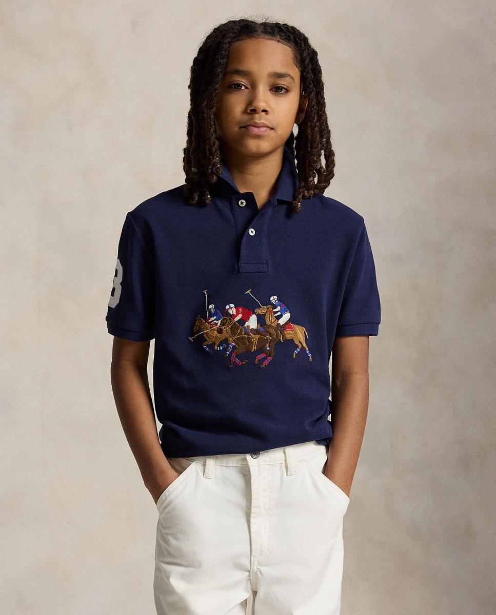 Polo de Algodão com Cavalo Triplo Azul-marinho-1