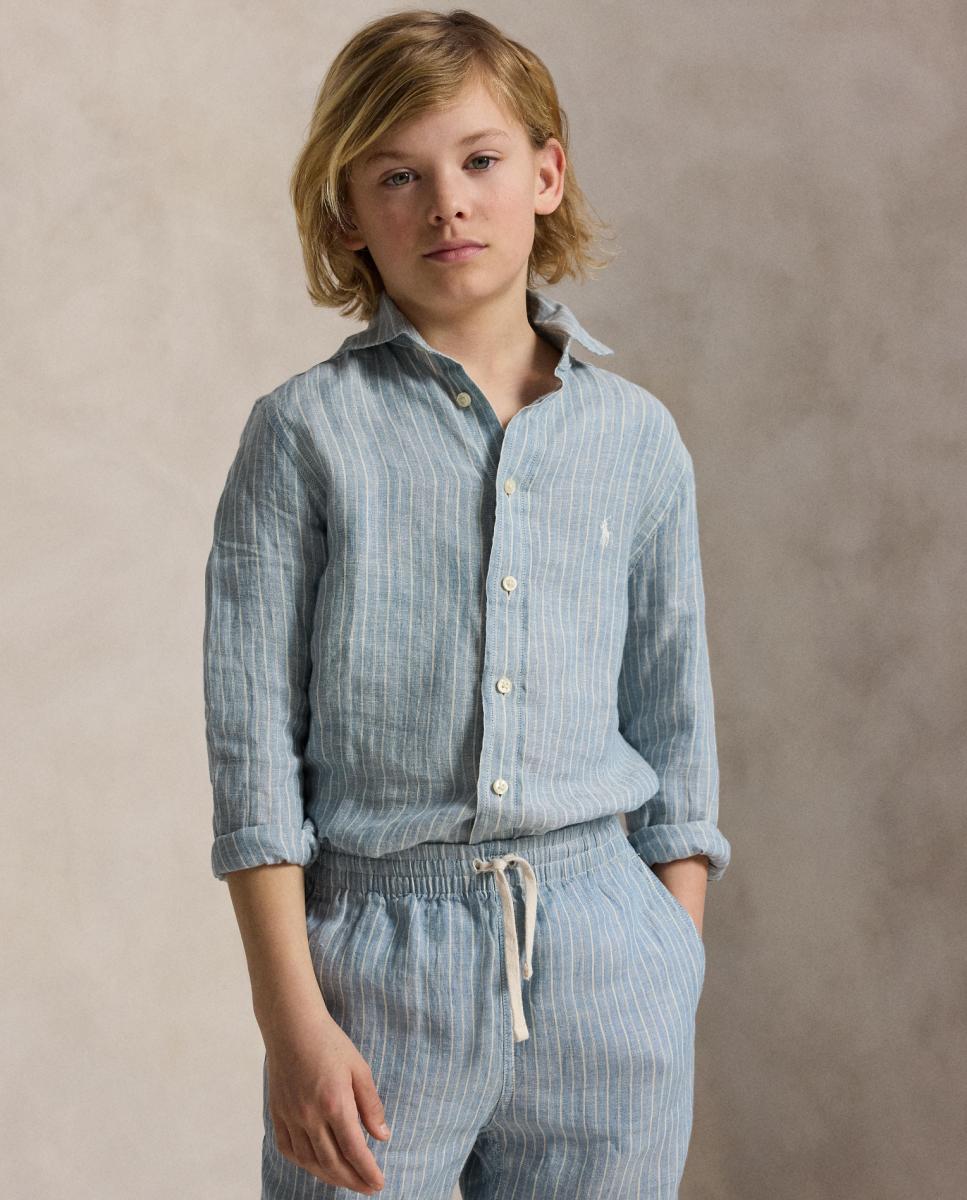 Camisa de Linho Estampada Azul/Branco-1