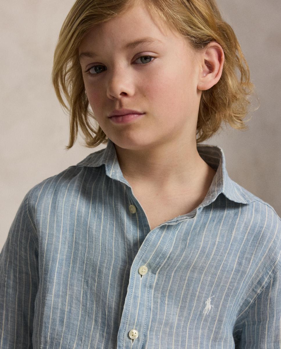 Camisa de Linho Estampada Azul/Branco-2