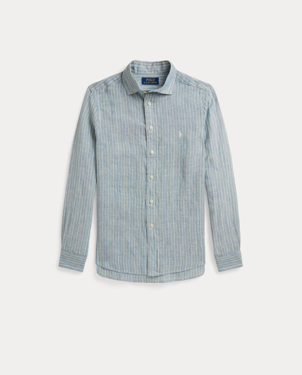 Camisa de Linho Estampada Azul/Branco-4