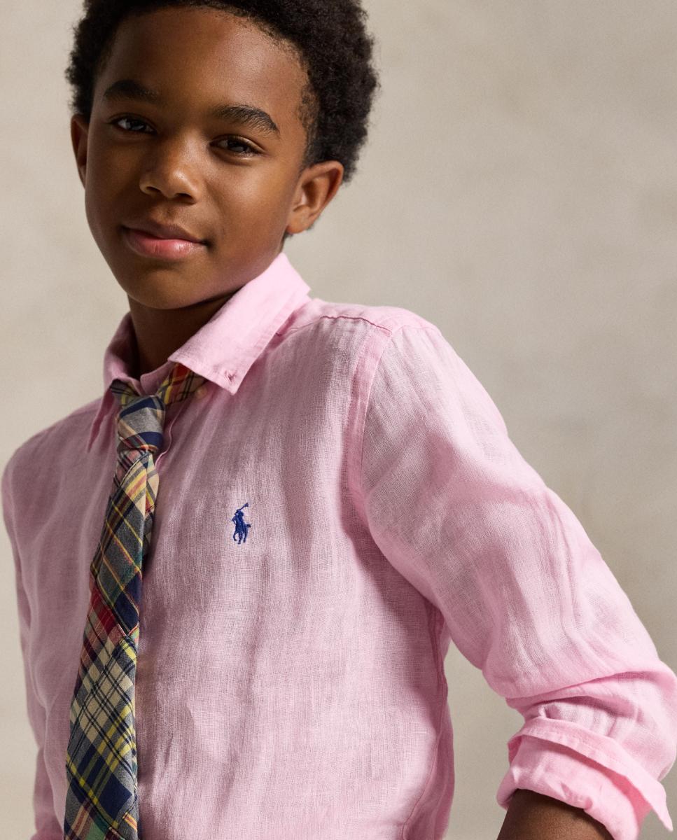 Camisa de Linho com Cavalo Polo Ralph Lauren Rosa-claro-3