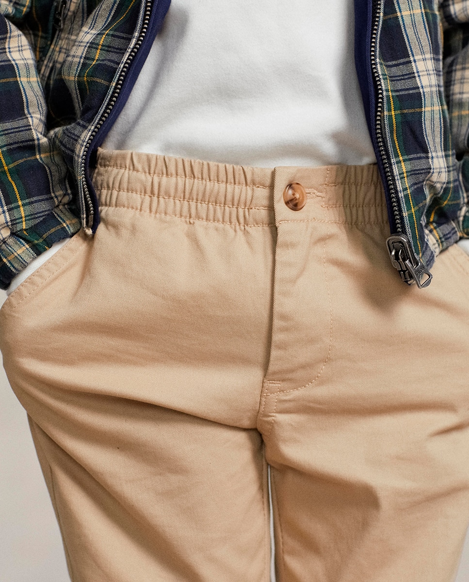 Calças Chino de Algodão com Cintura Elástica Bege-2