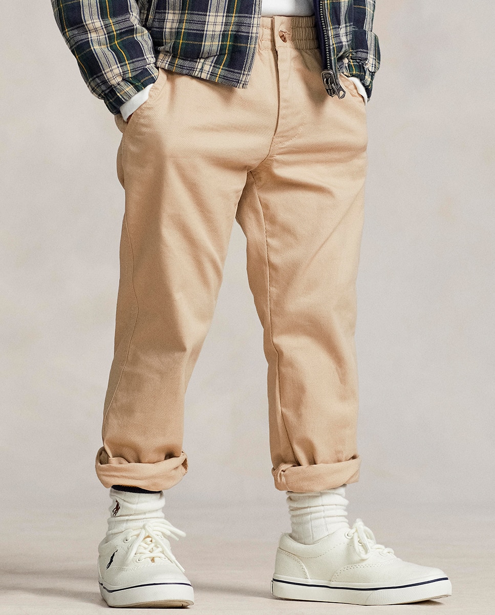 Calças Chino de Algodão com Cintura Elástica Bege-3