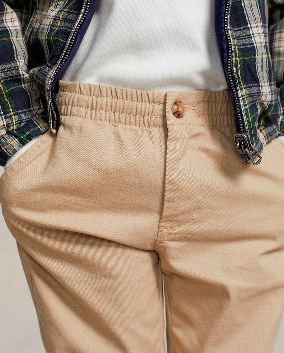 Calças Chino de Algodão com Cintura Elástica Bege-4