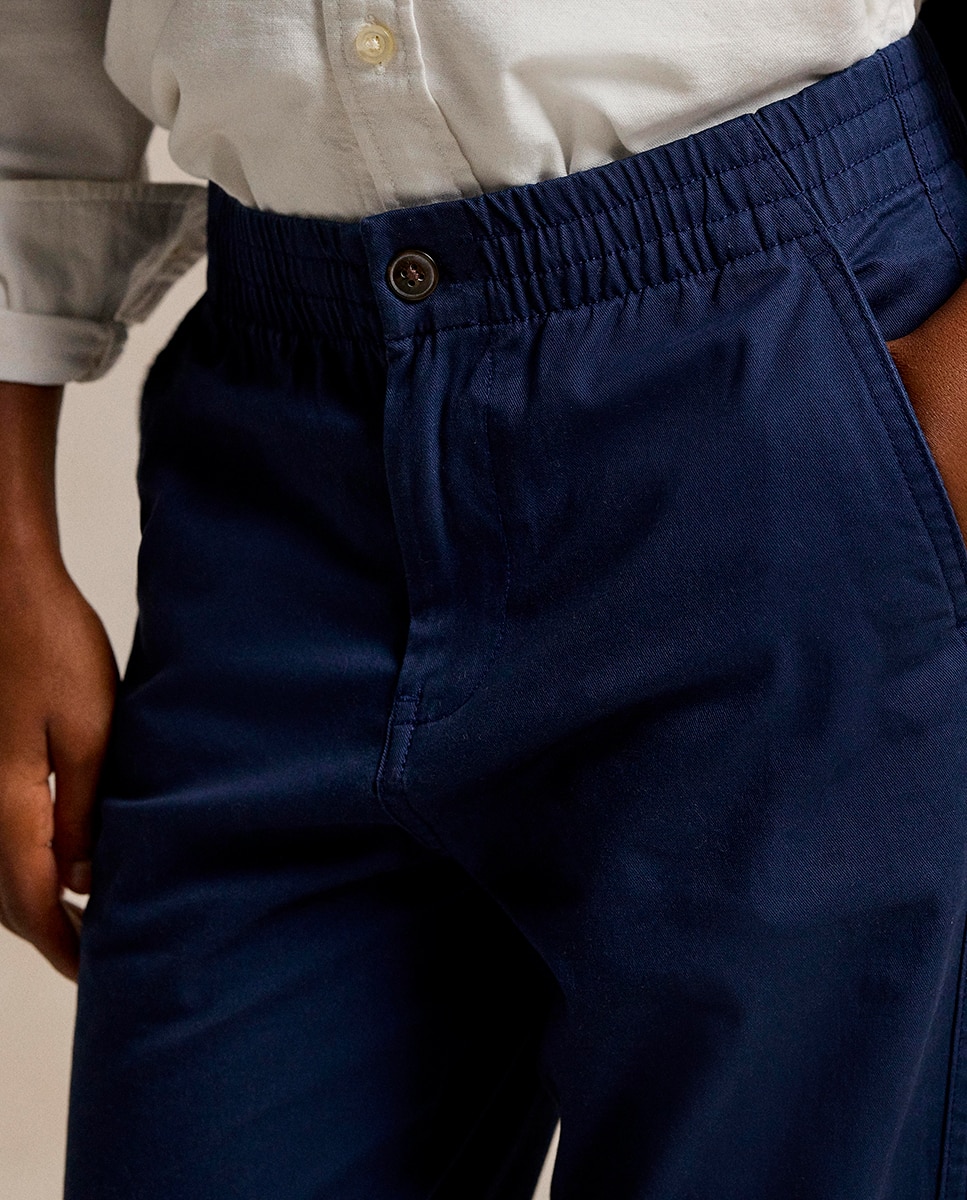 Calças Chino de Algodão com Cintura Elástica Azul-marinho-2