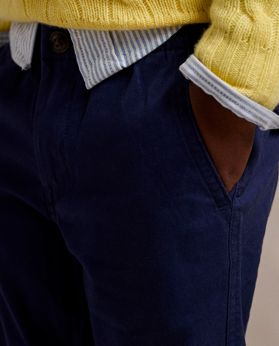 Calças Chino de Algodão com Cintura Elástica Azul-marinho-4