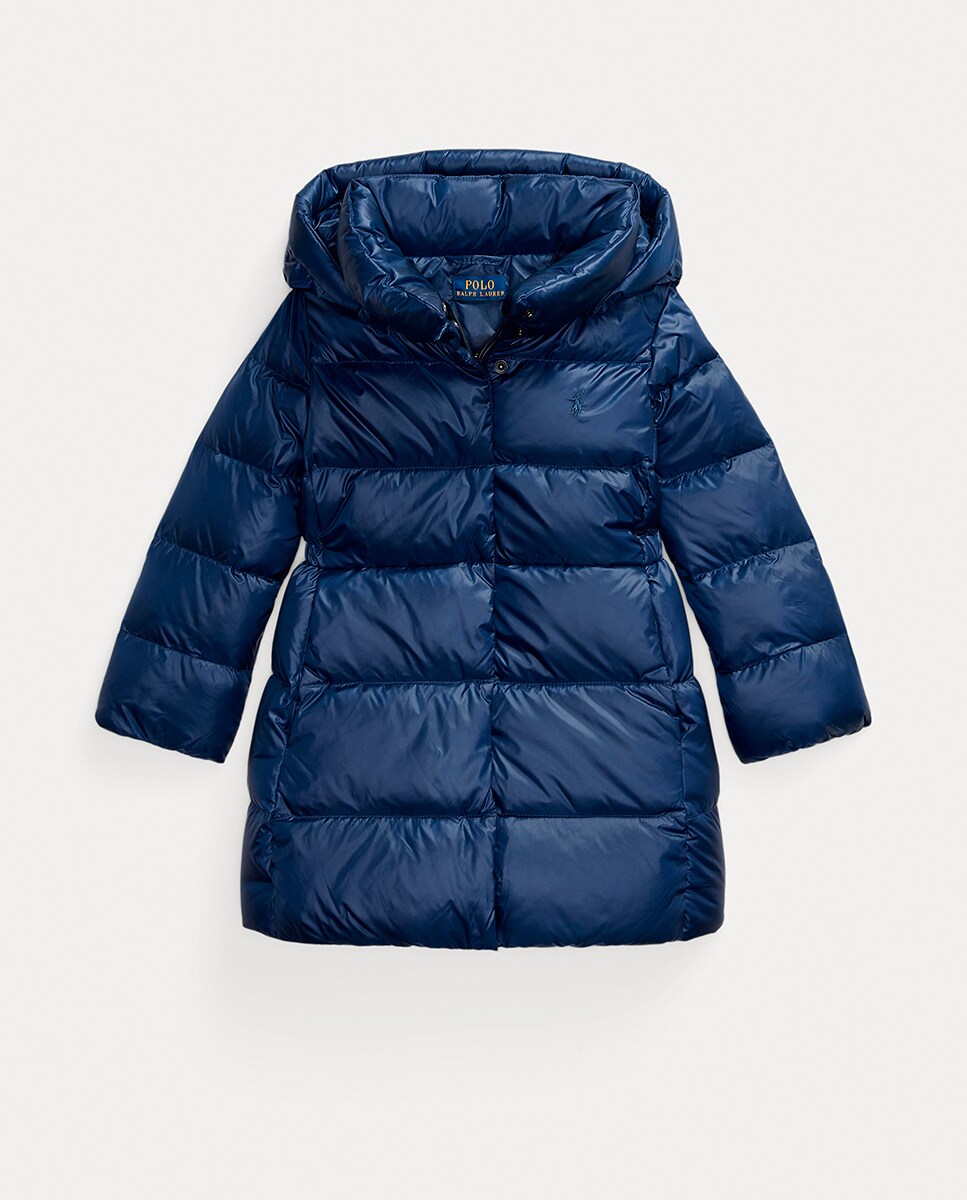 Blusão Acolchoado Comprido de Penugem com Capuz Azul-marinho-1