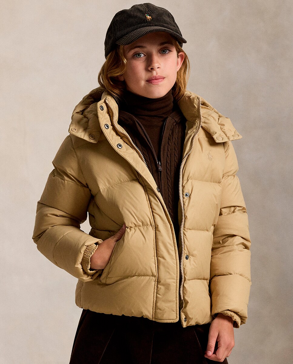 Blusão Acolchoado de Penugem com Capuz Bege-1