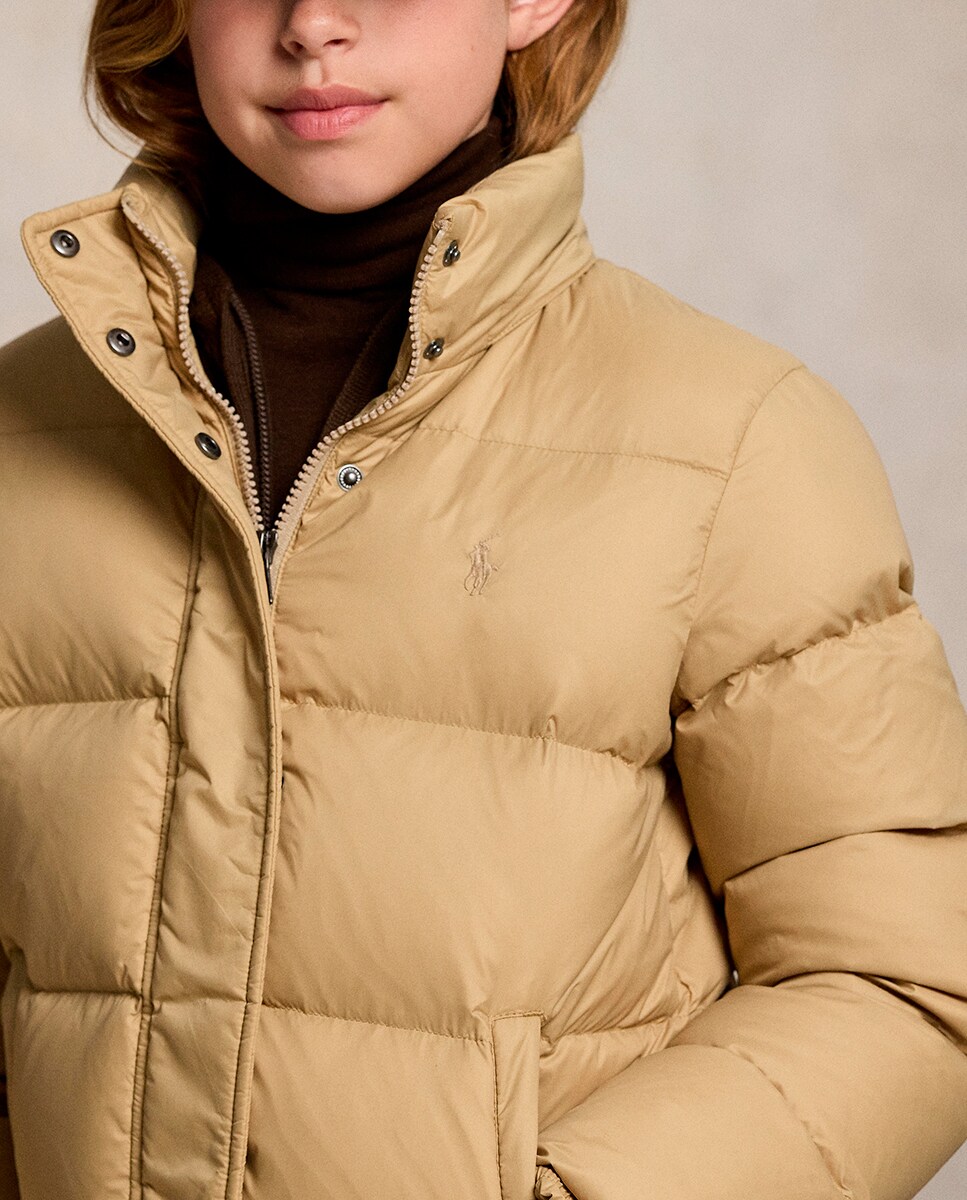 Blusão Acolchoado de Penugem com Capuz Bege-3