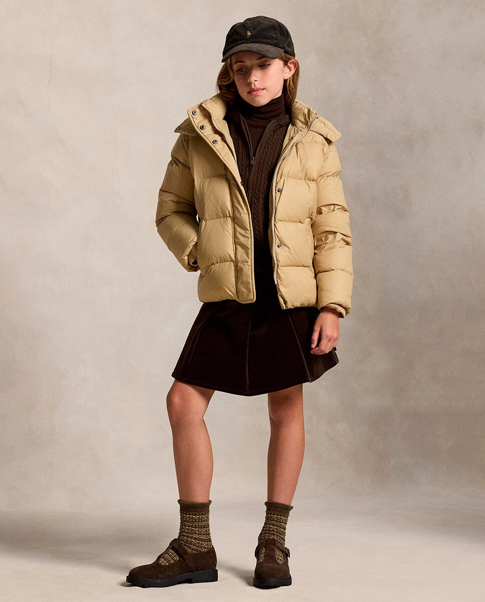 Blusão Acolchoado de Penugem com Capuz Bege-4