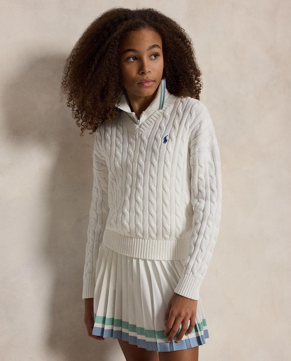 Camisola de Malha de Algodão com Decote em Bico Branco-marfim-1