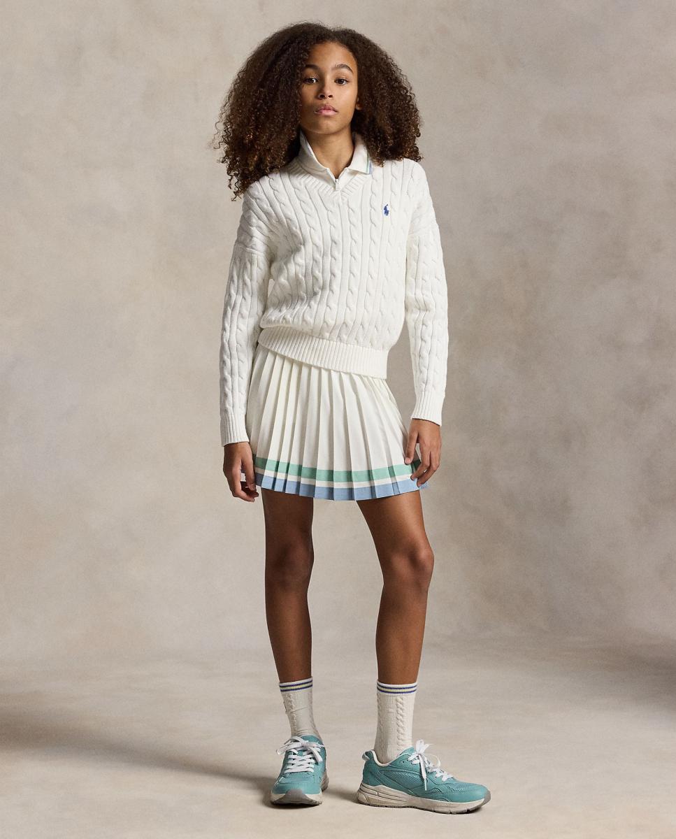 Camisola de Malha de Algodão com Decote em Bico Branco-marfim-2