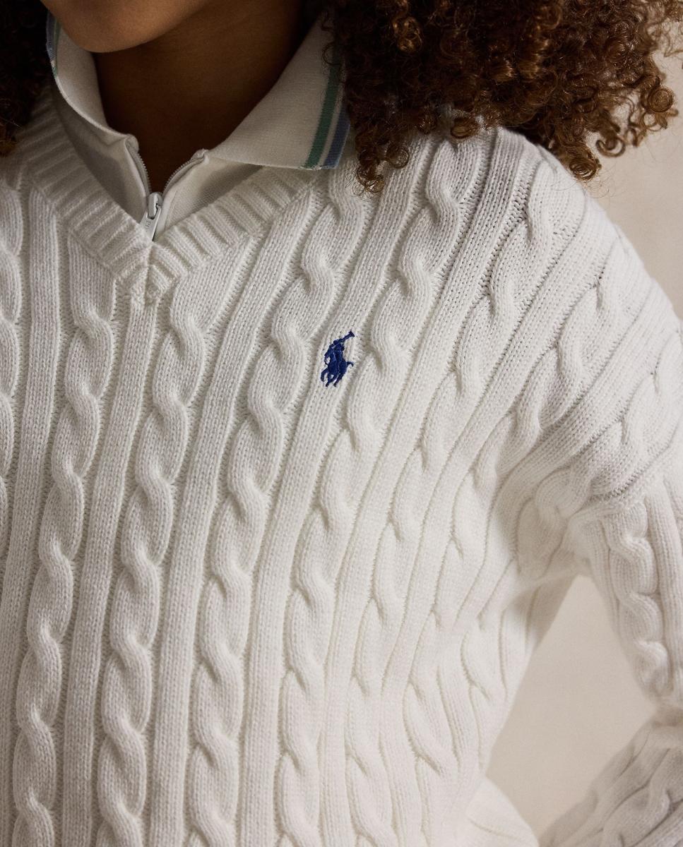 Camisola de Malha de Algodão com Decote em Bico Branco-marfim-3