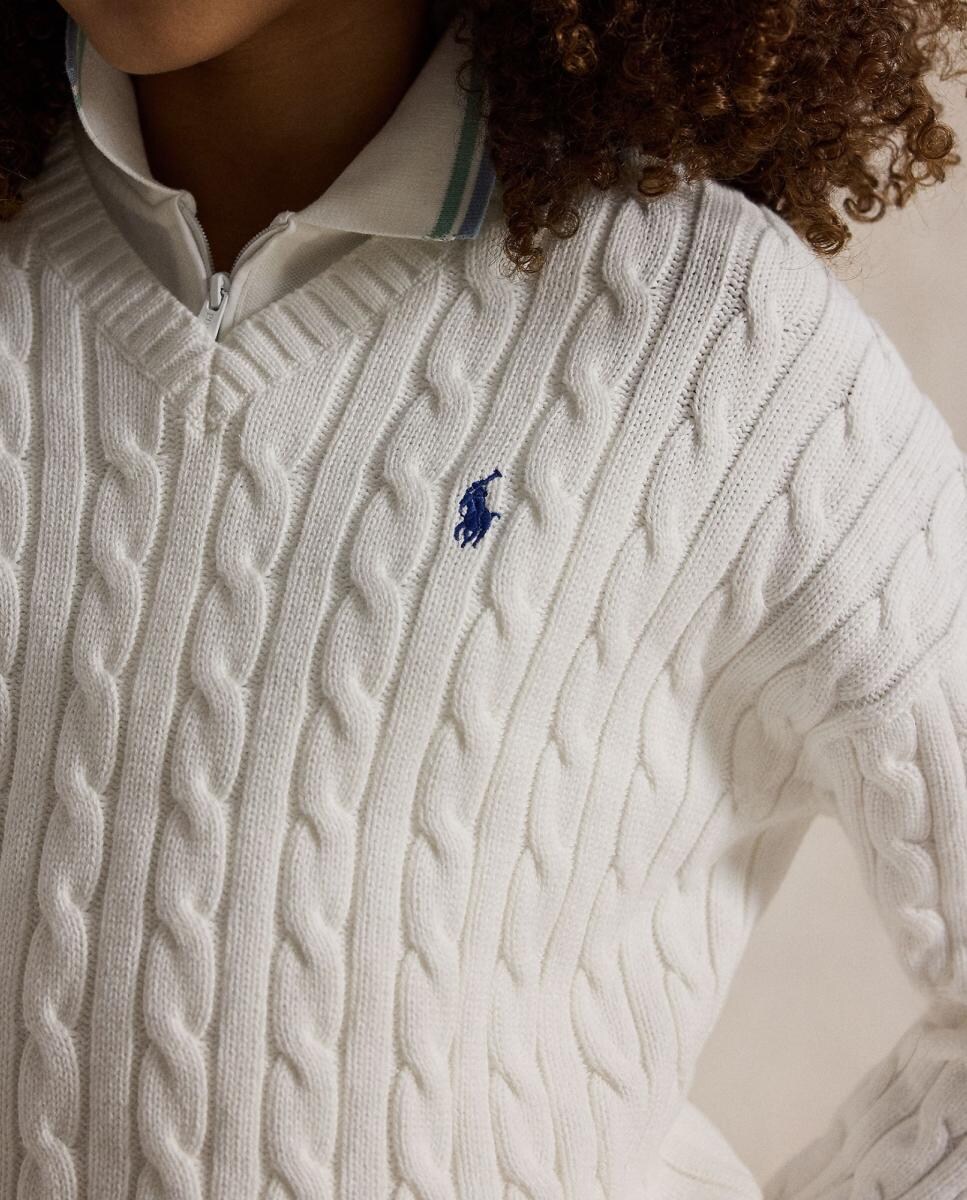 Camisola de Malha de Algodão com Decote em Bico Branco-marfim-3