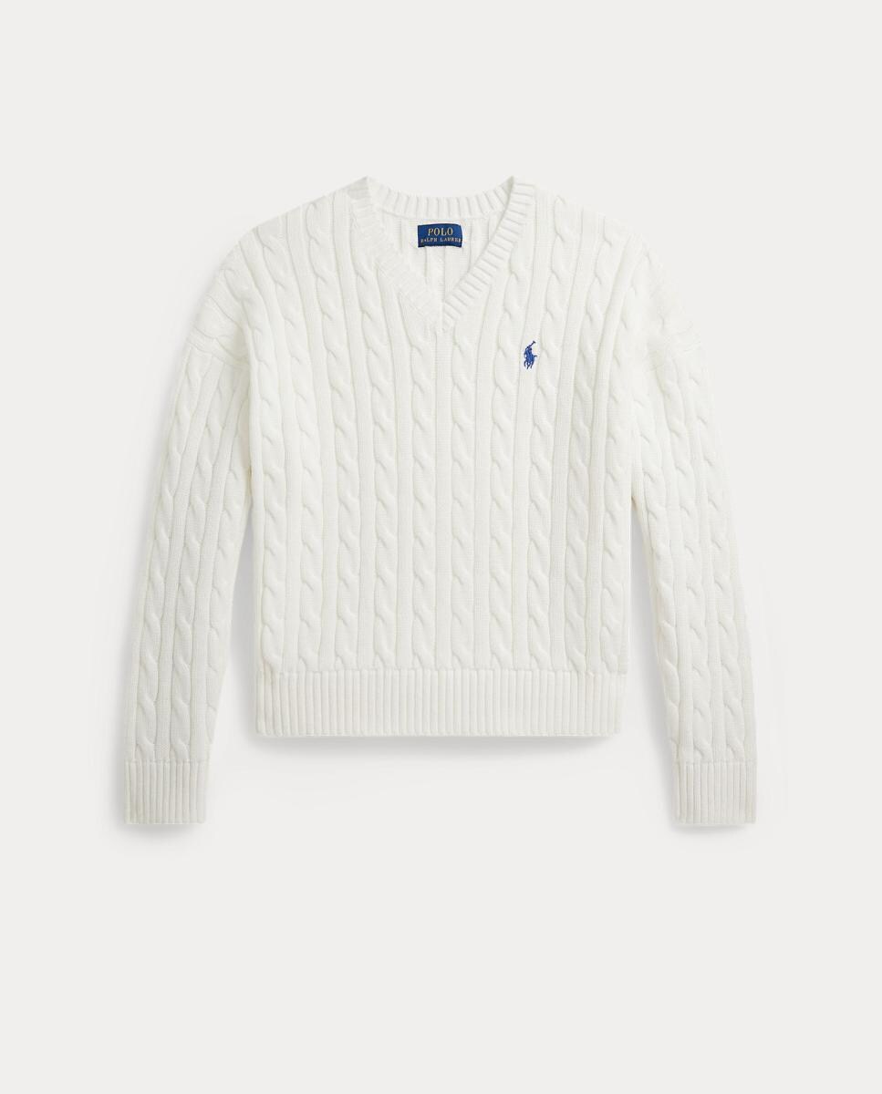 Camisola de Malha de Algodão com Decote em Bico Branco-marfim-4