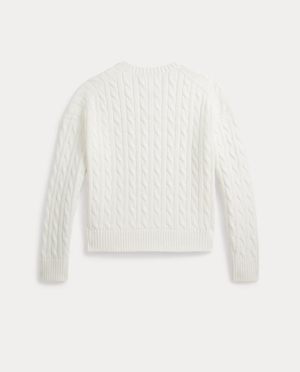 Camisola de Malha de Algodão com Decote em Bico Branco-marfim-5