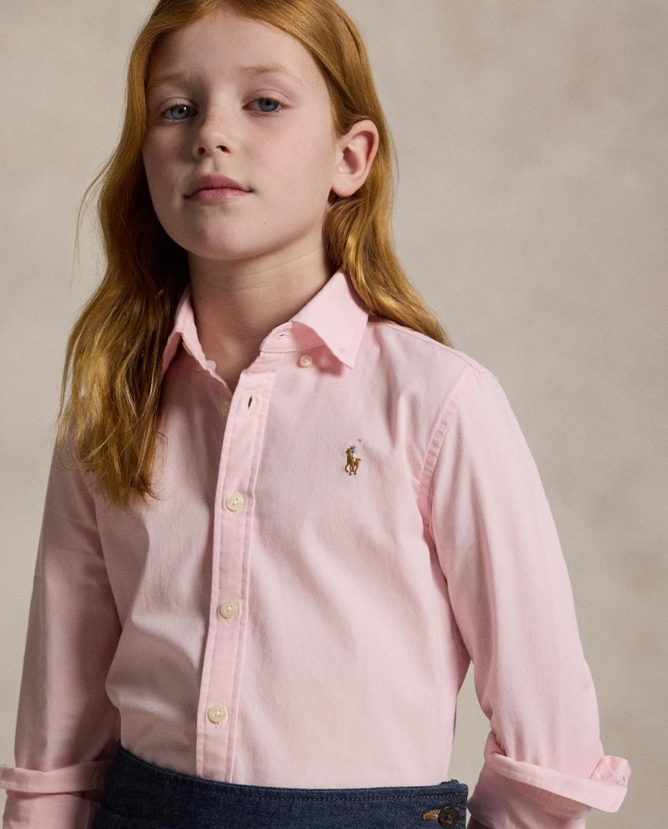 Camisa Oxford de Algodão com Folhos Polo Ralph Lauren Rosa-claro-3