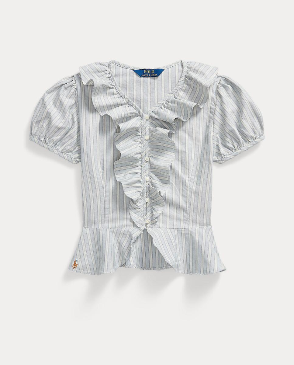 Blusa Oxford de Algodão com Folhos Polo Ralph Lauren Azul-claro-4