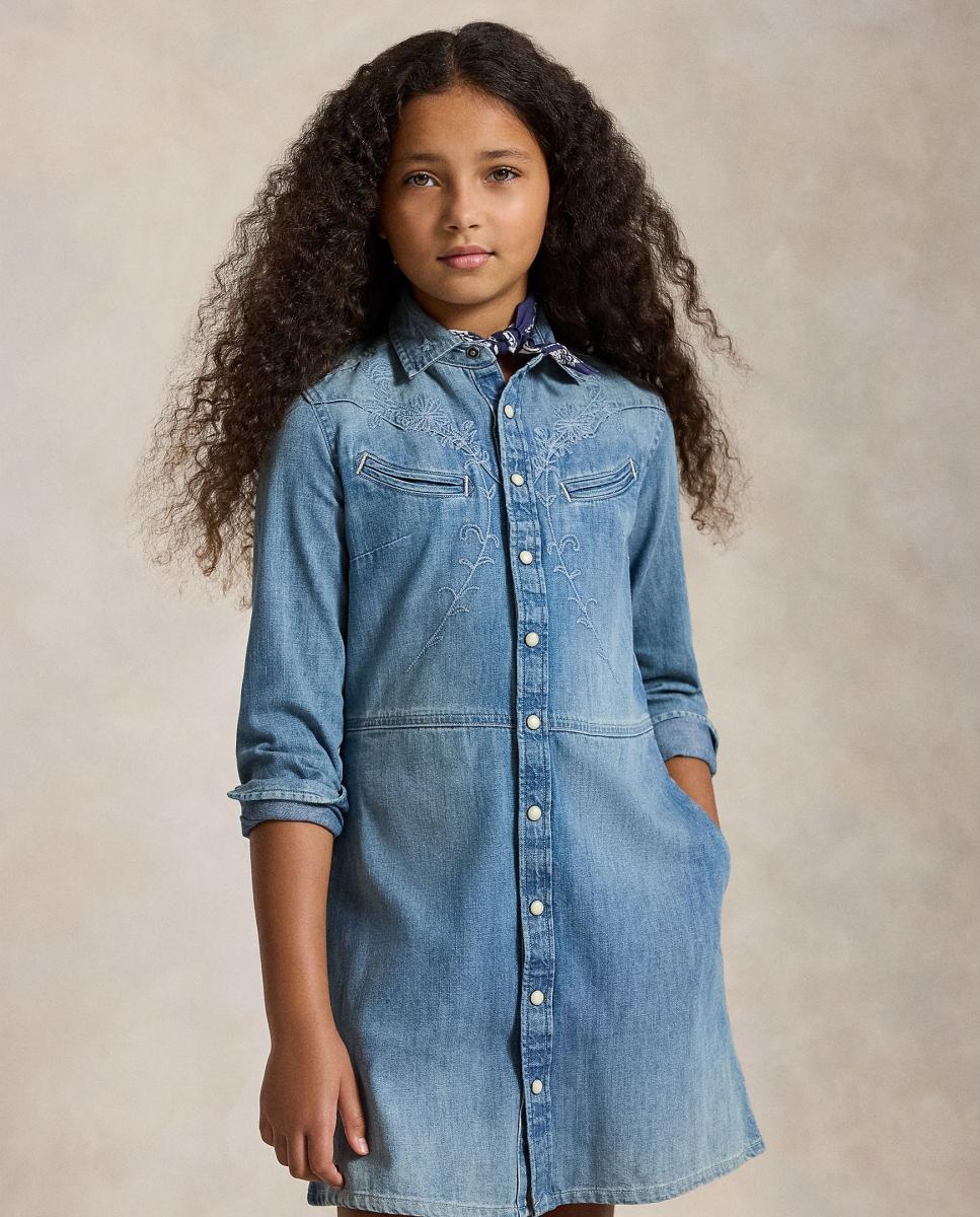 Vestido Curto Camiseiro de Ganga com Bordados Azul-índigo-2
