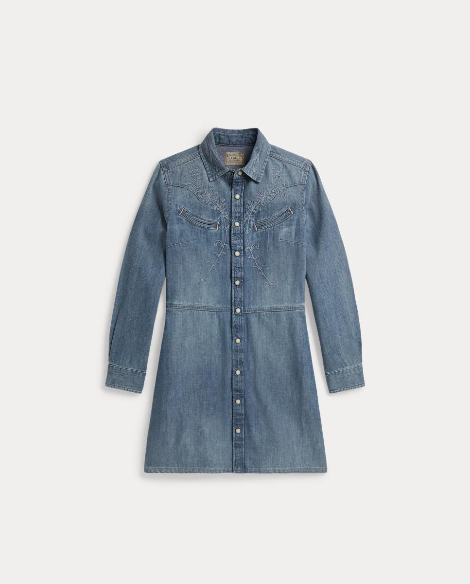 Vestido Curto Camiseiro de Ganga com Bordados Azul-índigo-4
